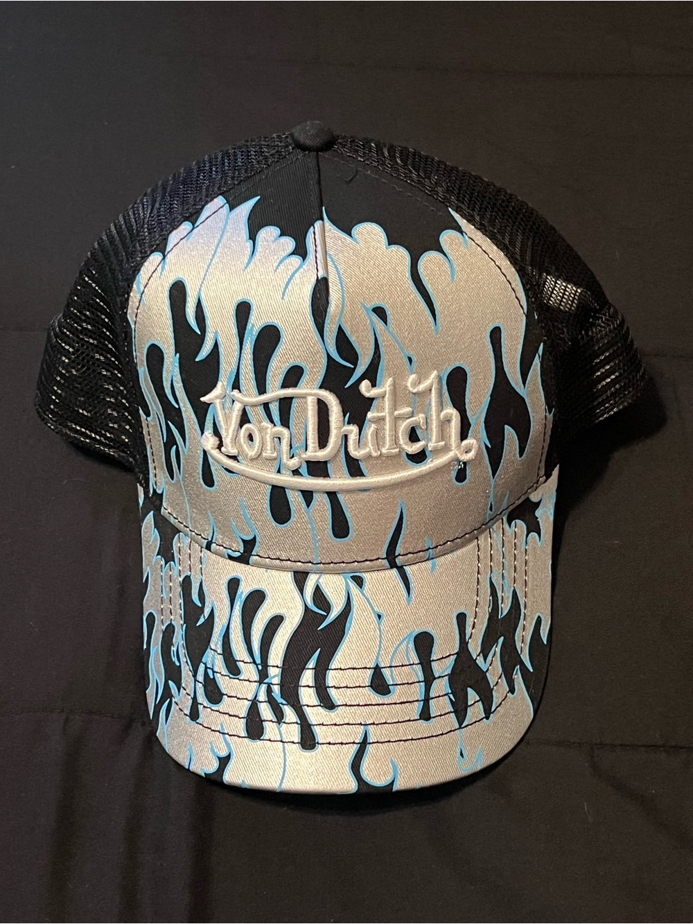 Von Dutch Kids Trucker Hat with Black & Light Blue Flame Design